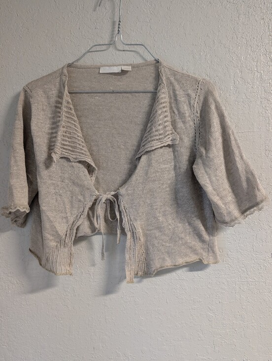 Whitewash Sweaters - Linen Lace Tie Front Cropped Cardigan M Beige Cream Dainty Goblin Fairy Boho